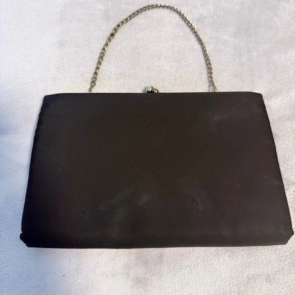 Vintage‎ After Five Black Satin Clutch Gold Bow Evening Bag Purse USA